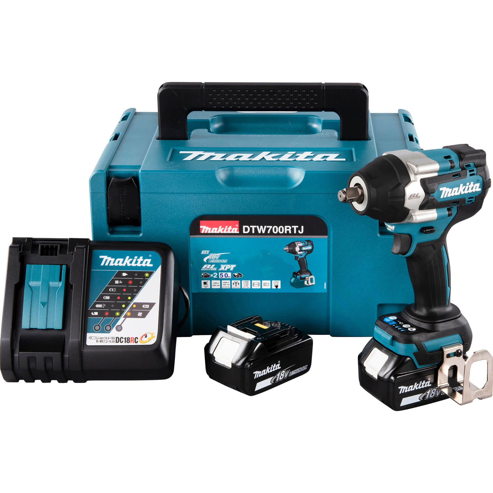 Image of Makita DTW700 18v LXT Cordless Brushless 1/2" Drive Impact Wrench 2 x 5ah Li-ion Charger Case