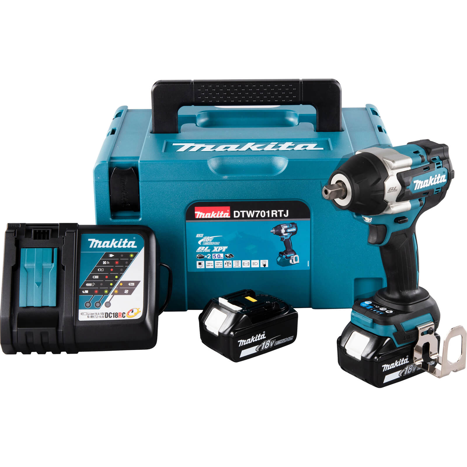 Image of Makita DTW701 18v LXT Cordless Brushless 1/2" Drive Impact Wrench 2 x 5ah Li-ion Charger Case