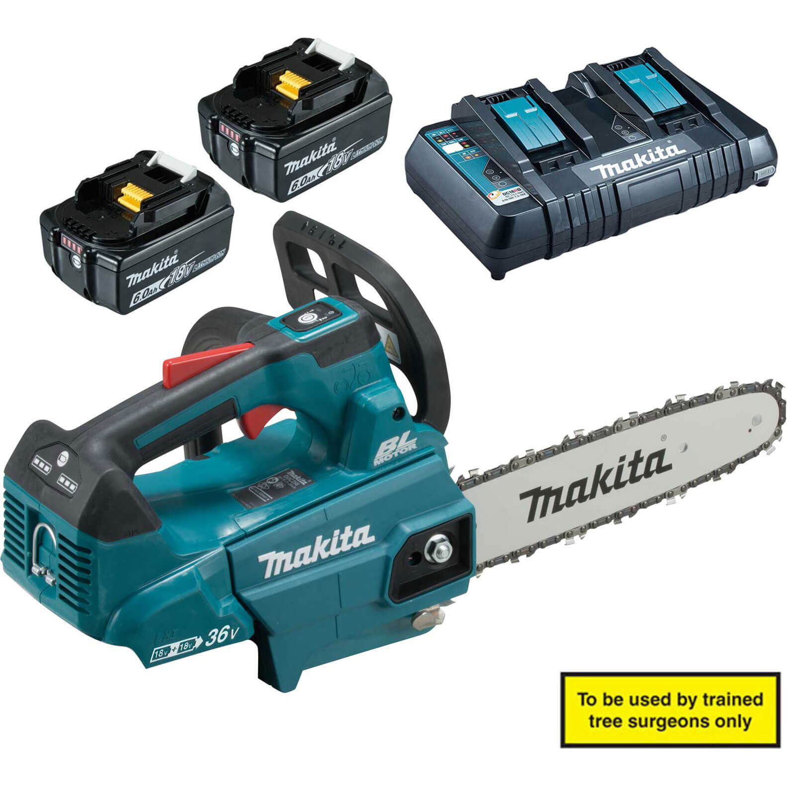 Image of Makita DUC256 Twin 18v LXT Cordless Brushless Top Handle Chainsaw 250mm 2 x 6ah Li-ion Charger
