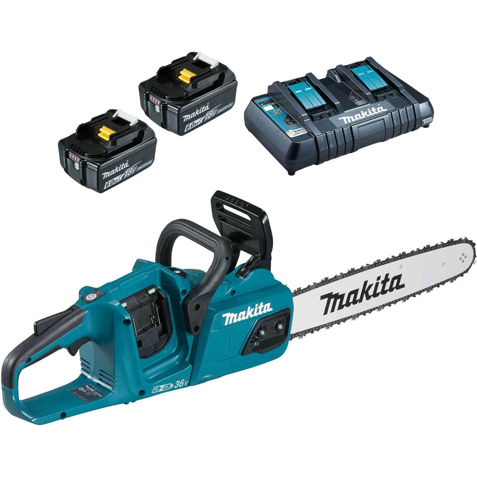 Image of Makita DUC405 Twin 18v LXT Cordless Brushless Chainsaw 400mm 2 x 6ah Li-ion Charger