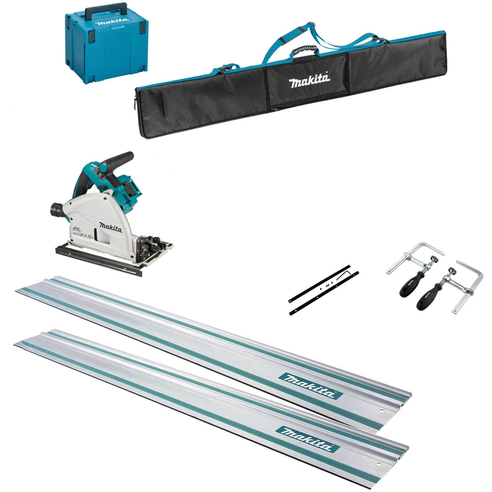 Image of Makita DSP600ZJ Twin 18v LXT Cordless Brushless Plunge Saw 6 Piece Kit No Batteries No Charger Case & Accessories