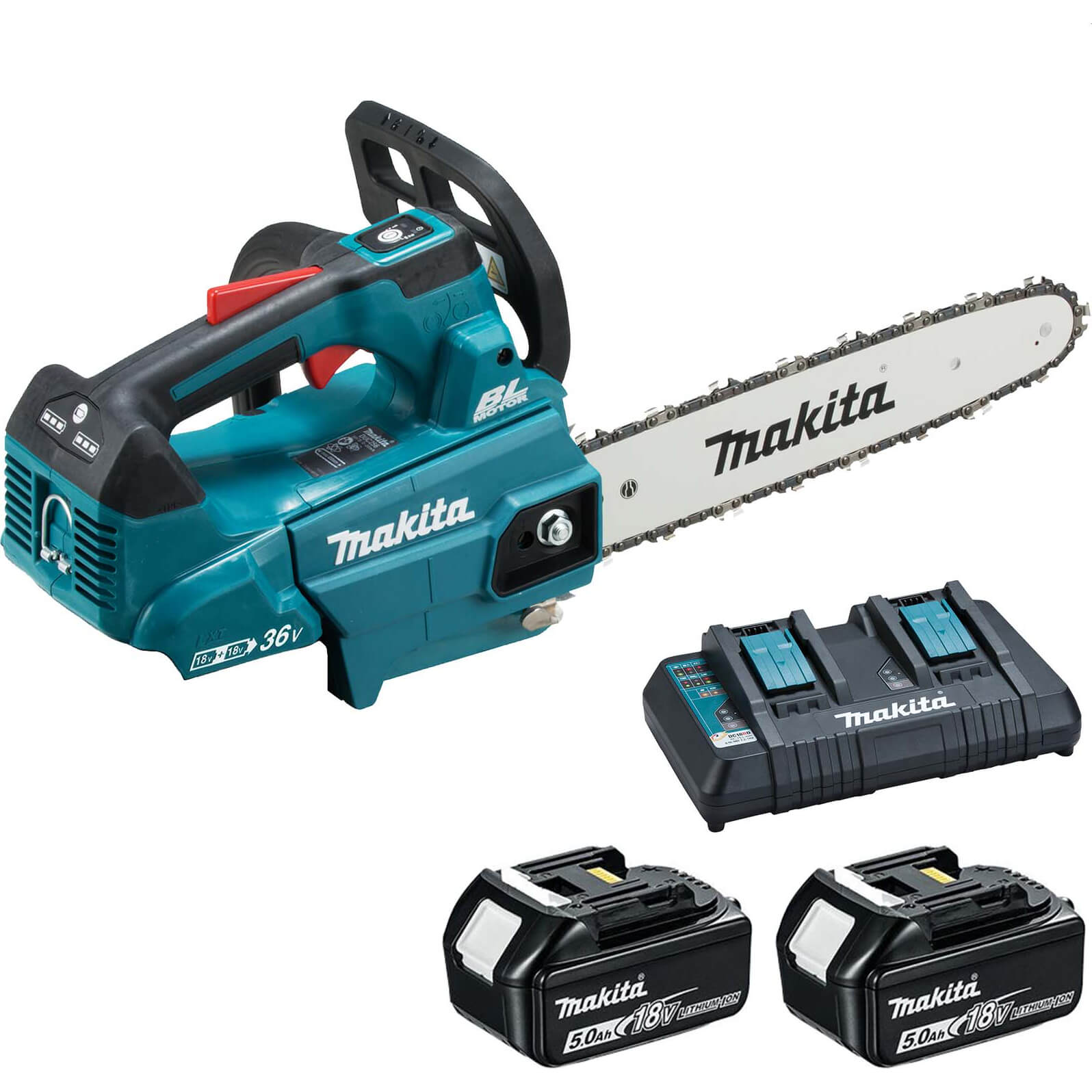 Image of Makita DUC306 Twin 18v LXT Cordless Brushless Top Handle Chainsaw 300mm 2 x 5ah Li-ion Charger