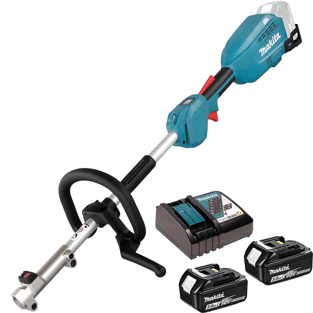 Image of Makita DUX18 18v LXT Cordless Brushless Split Shaft Garden Multi Tool Set 2 x 5ah Li-ion Charger