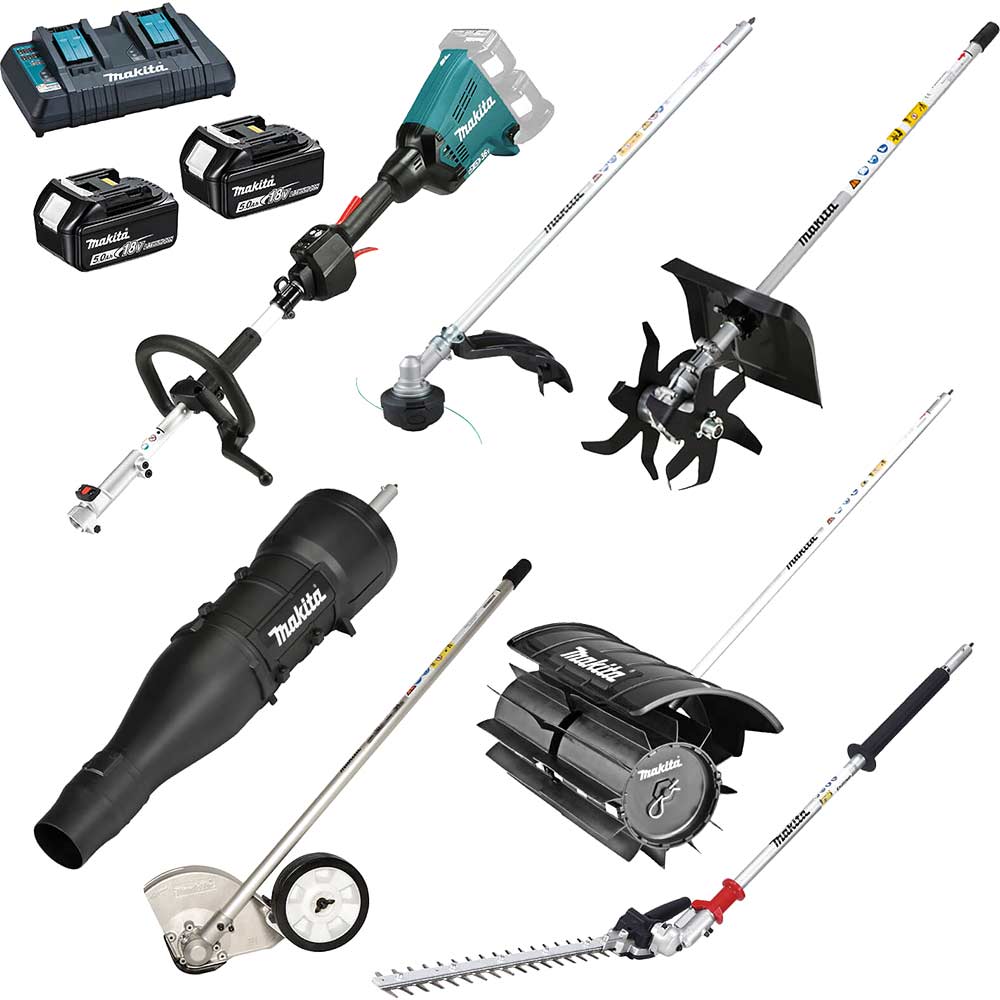 Makita DUX60 Twin 18v LXT Cordless Brushless Split Shaft Garden Multi Tool Set 2 x 5ah Li-ion Battery Charger