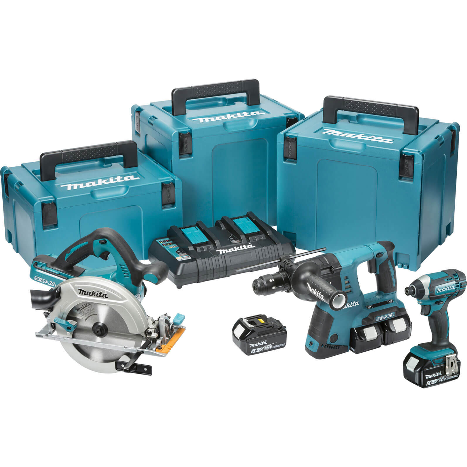Image of Makita DLX3049PTJ 18v LXT Cordless 3 Piece Power Tool Kit 4 x 5ah Li-ion Twin Battery Charger Case