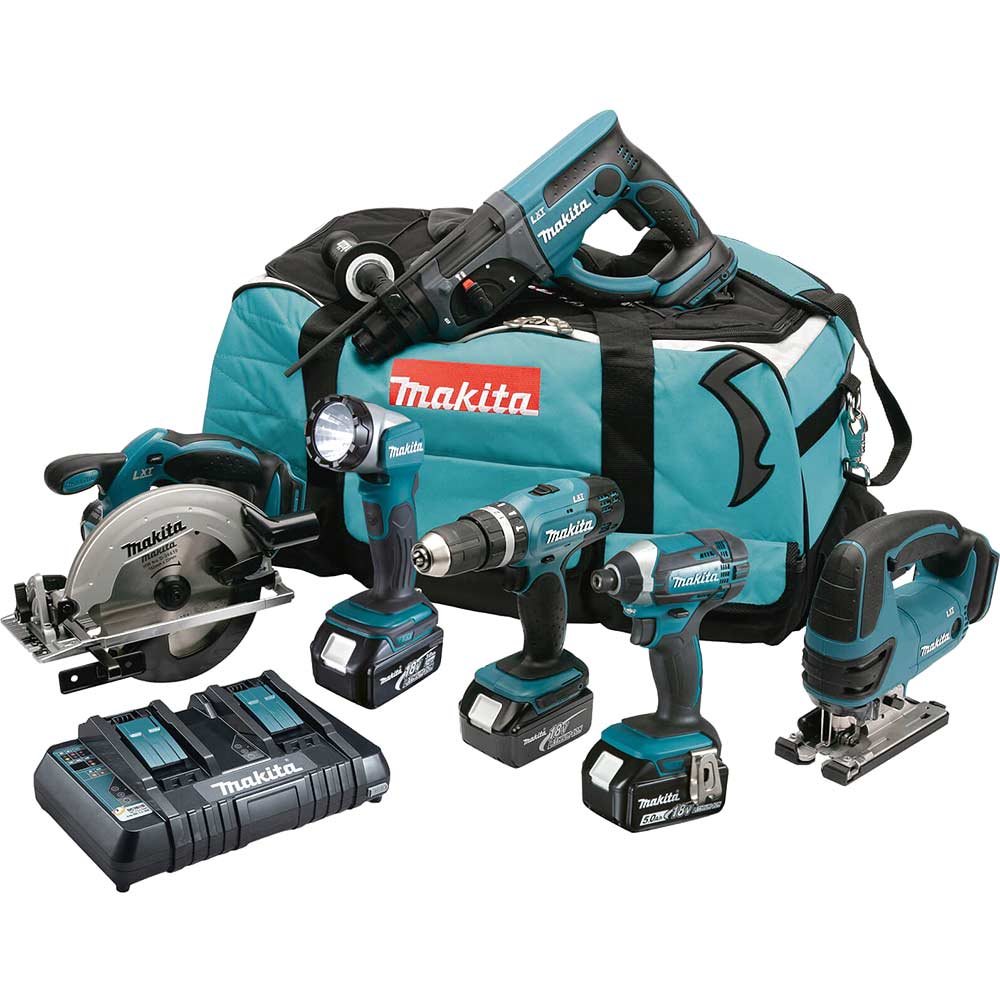 Image of Makita DLX6068PT 18v LXT Cordless 6 Piece Power Tool Kit 3 x 5ah Li-ion Twin Battery Charger Bag