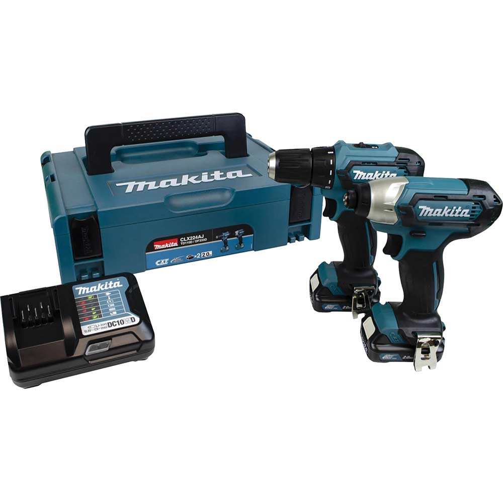 Image of Makita CLX224AJ 12v Max CXT Cordless Drill Driver and Impact Driver Kit 2 x 2ah Li-ion Charger Case