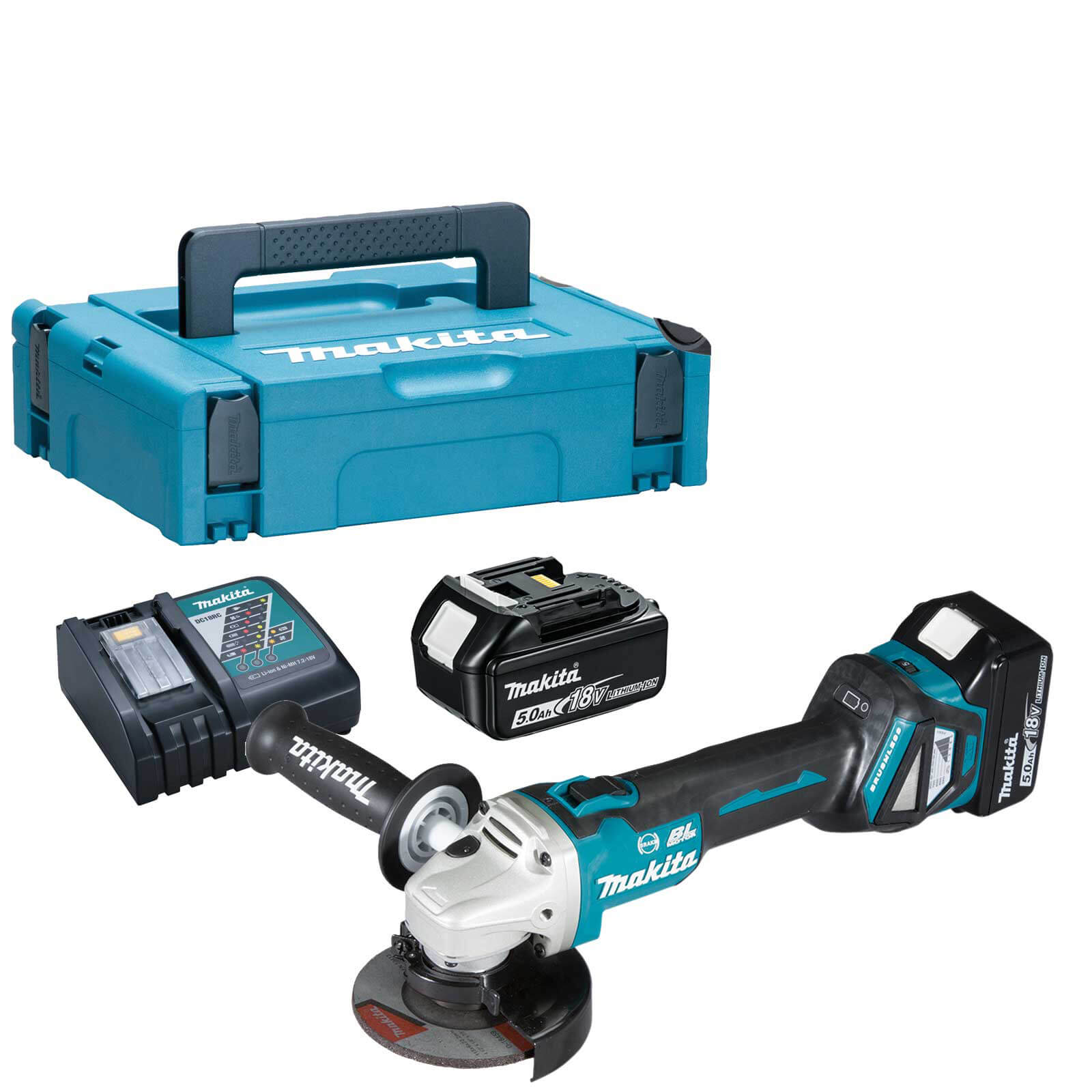 Image of Makita DGA463 18v LXT Cordless Brushless Slide Switch Angle Grinder 115mm 2 x 5ah Li-ion Charger Case