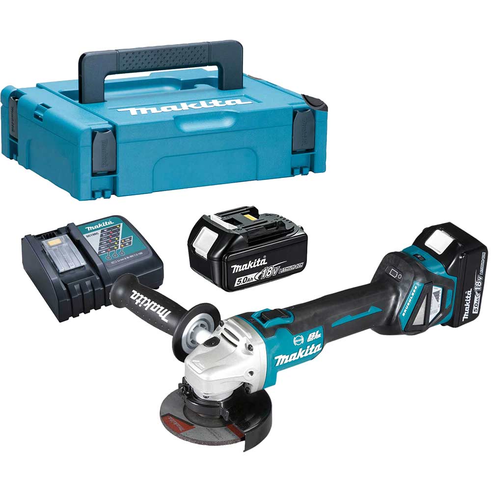 Makita DGA463 18v LXT Cordless Brushless Slide Switch Angle Grinder 115mm 2 x 5ah Li-ion Battery Charger Case