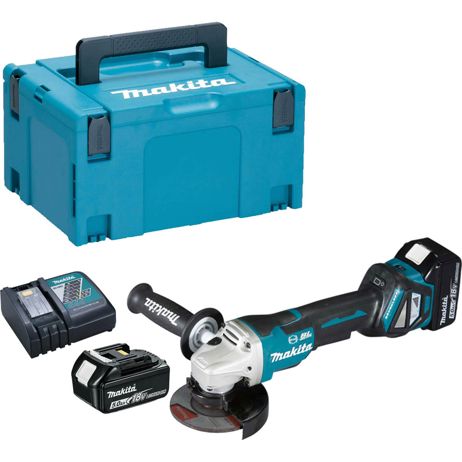 Image of Makita DGA467 18v LXT Cordless Brushless Paddle Switch Angle Grinder 115mm 2 x 5ah Li-ion Charger Case