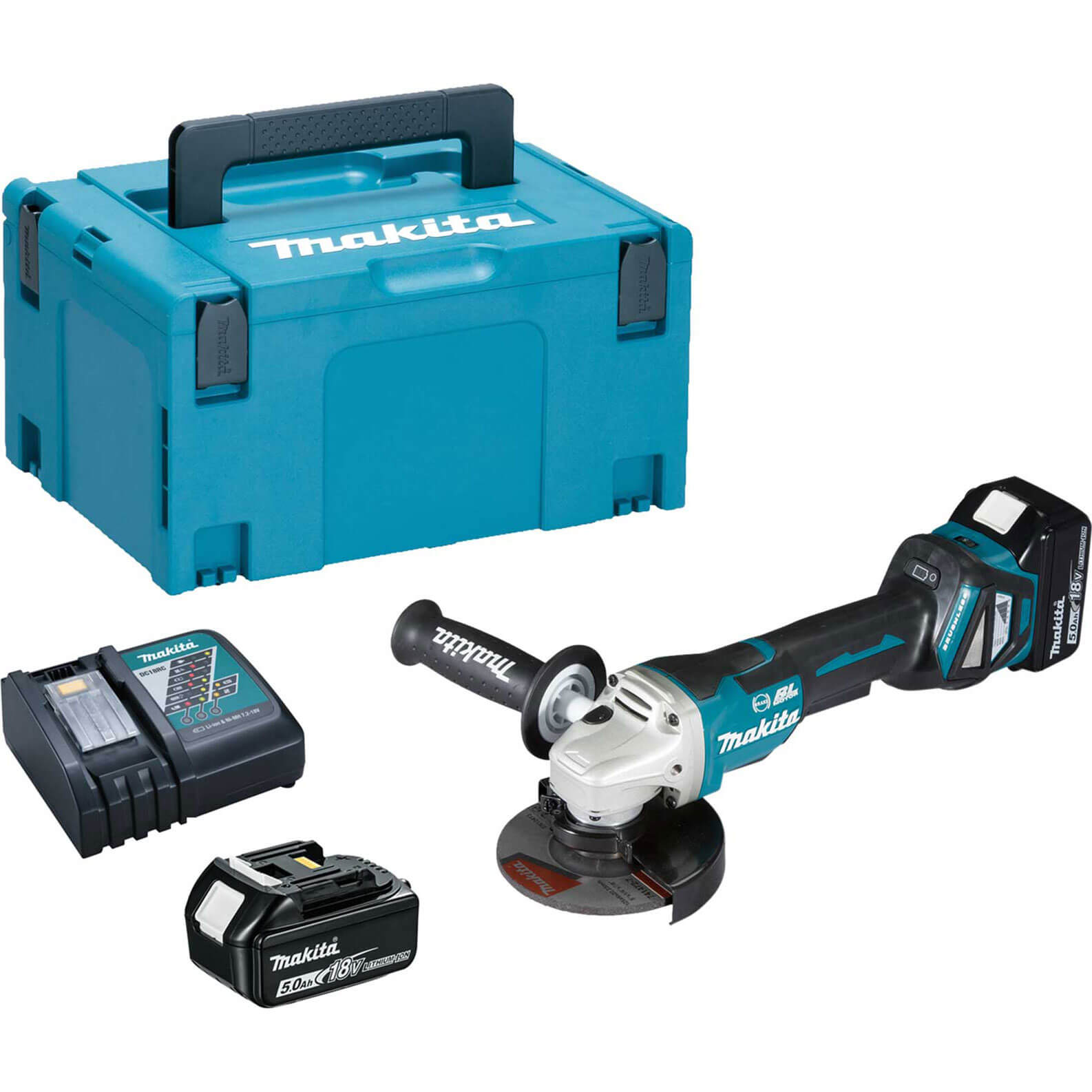 Image of Makita DGA517 18v LXT Cordless Brushless Paddle Switch Angle Grinder 125mm 2 x 5ah Li-ion Charger Case
