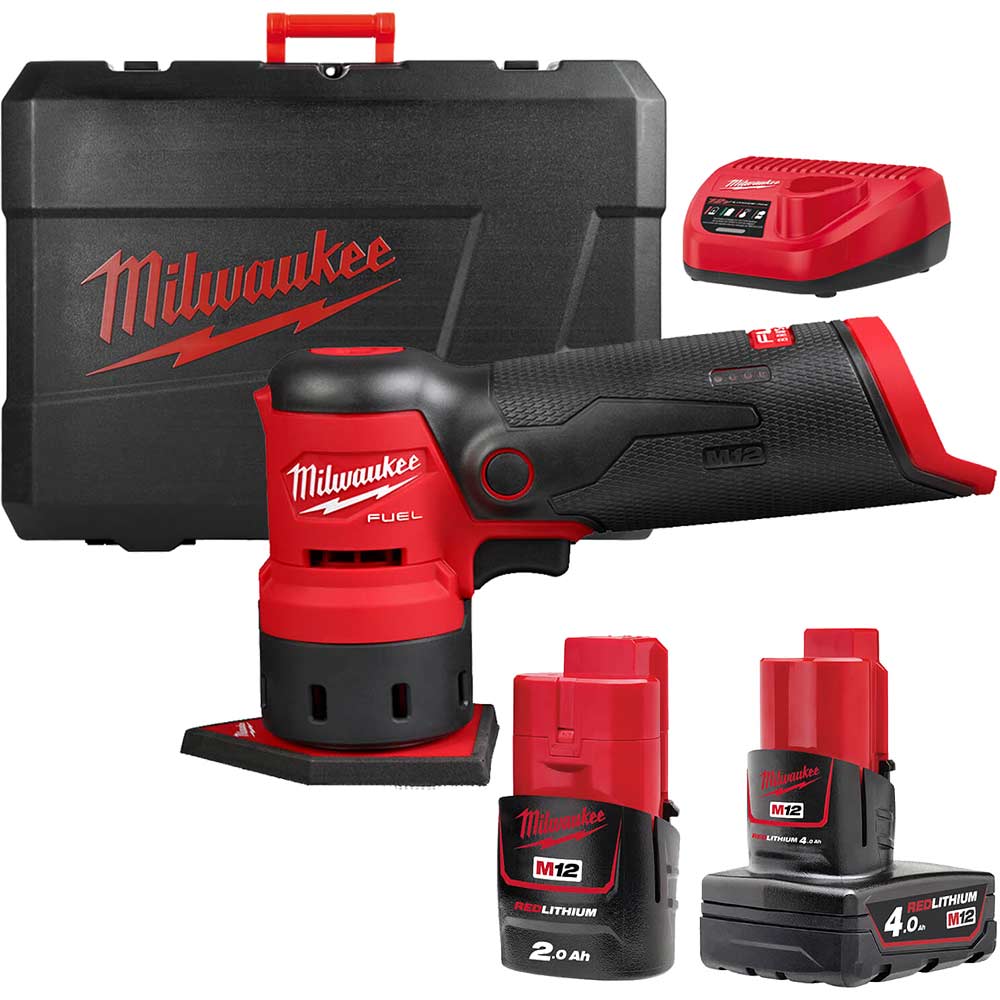 Milwaukee M12 FDSS Fuel 12v Cordless Brushless Spot Sander 1 x 2ah & 1 x 4ah Li-ion Battery Charger Case