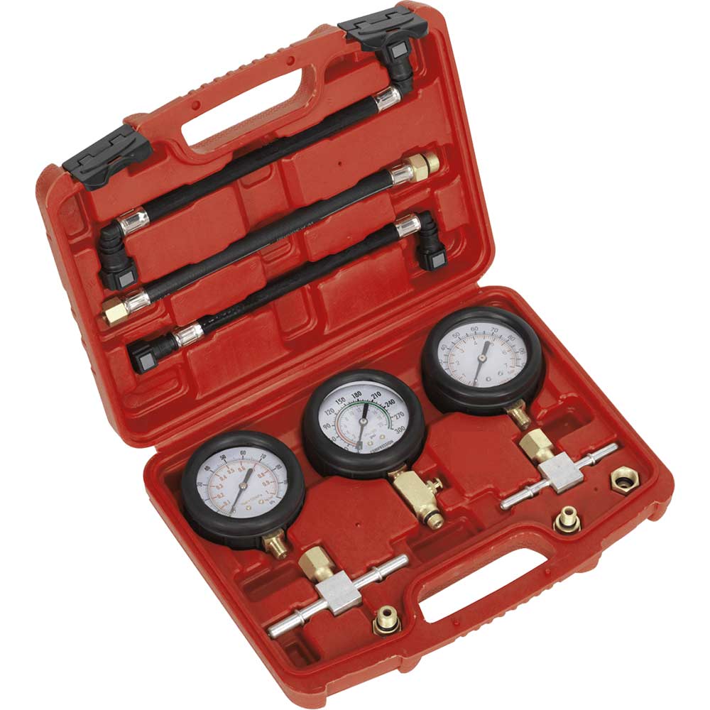 Sealey 3 Piece Motorcycle Compression and Fuel Pressure Gauge Set