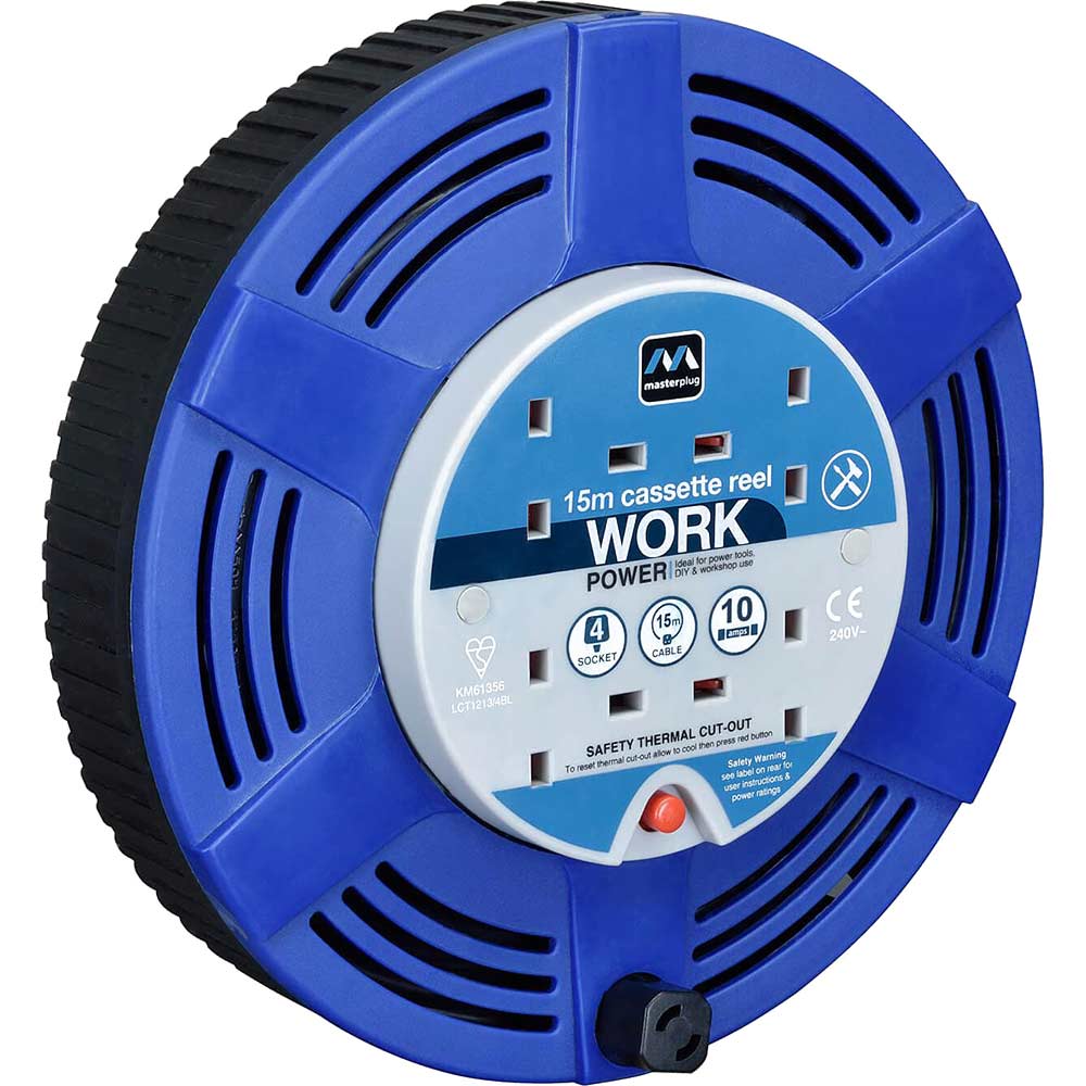 Masterplug 4 Socket Thermal Cut Out Cassette Cable Extension Reel 240v 15m