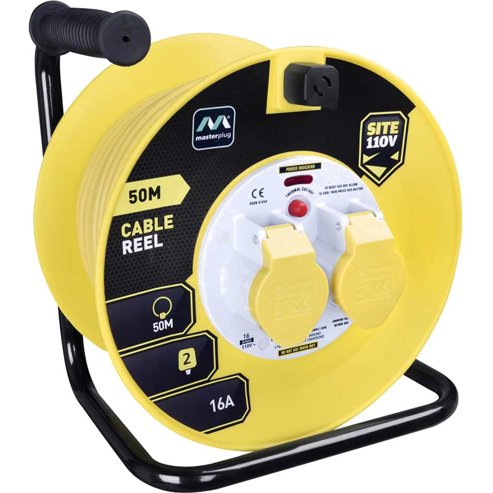 Masterplug 2 Socket Thermal Cut Out Cable Extension Reel 110v 50m
