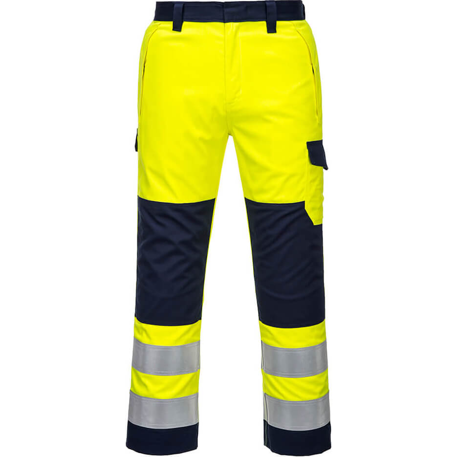 Image of Portwest MV46 Hi Vis Modaflame Trousers Yellow / Navy 3XL 31"