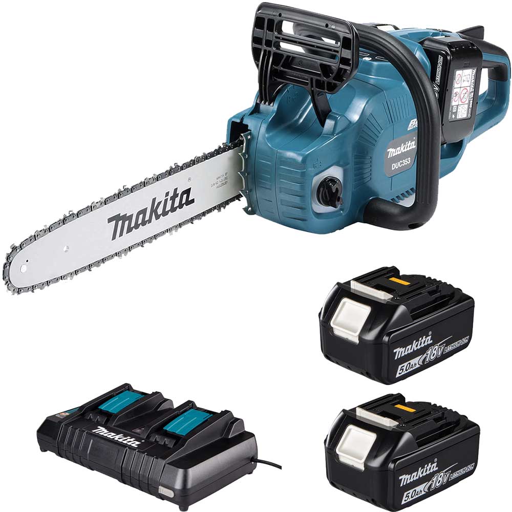 Makita DUC353 Twin 18v LXT Cordless Brushless Chainsaw 350mm 2 x 5ah Li-ion Battery Charger