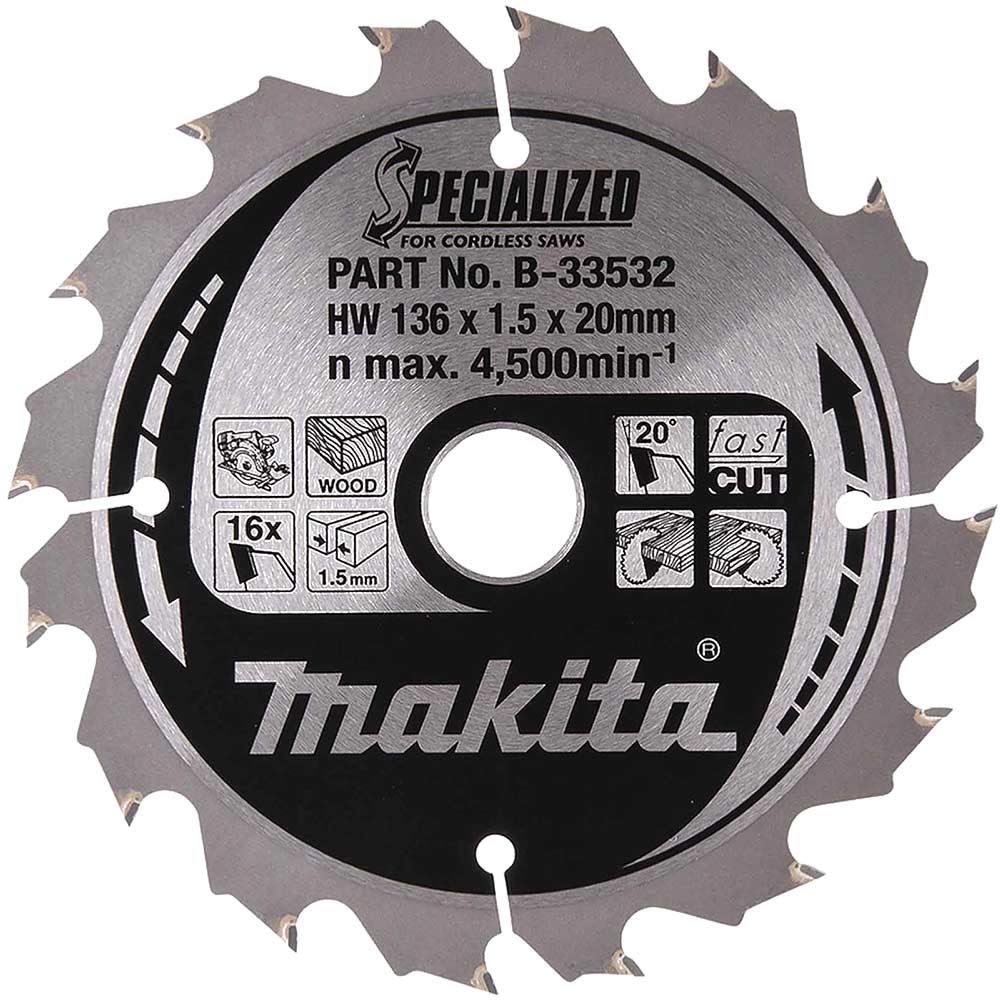 Makita SPECIALIZED Cordless Circular Saw Blade for Wood Cutting 136mm 16T 20mm