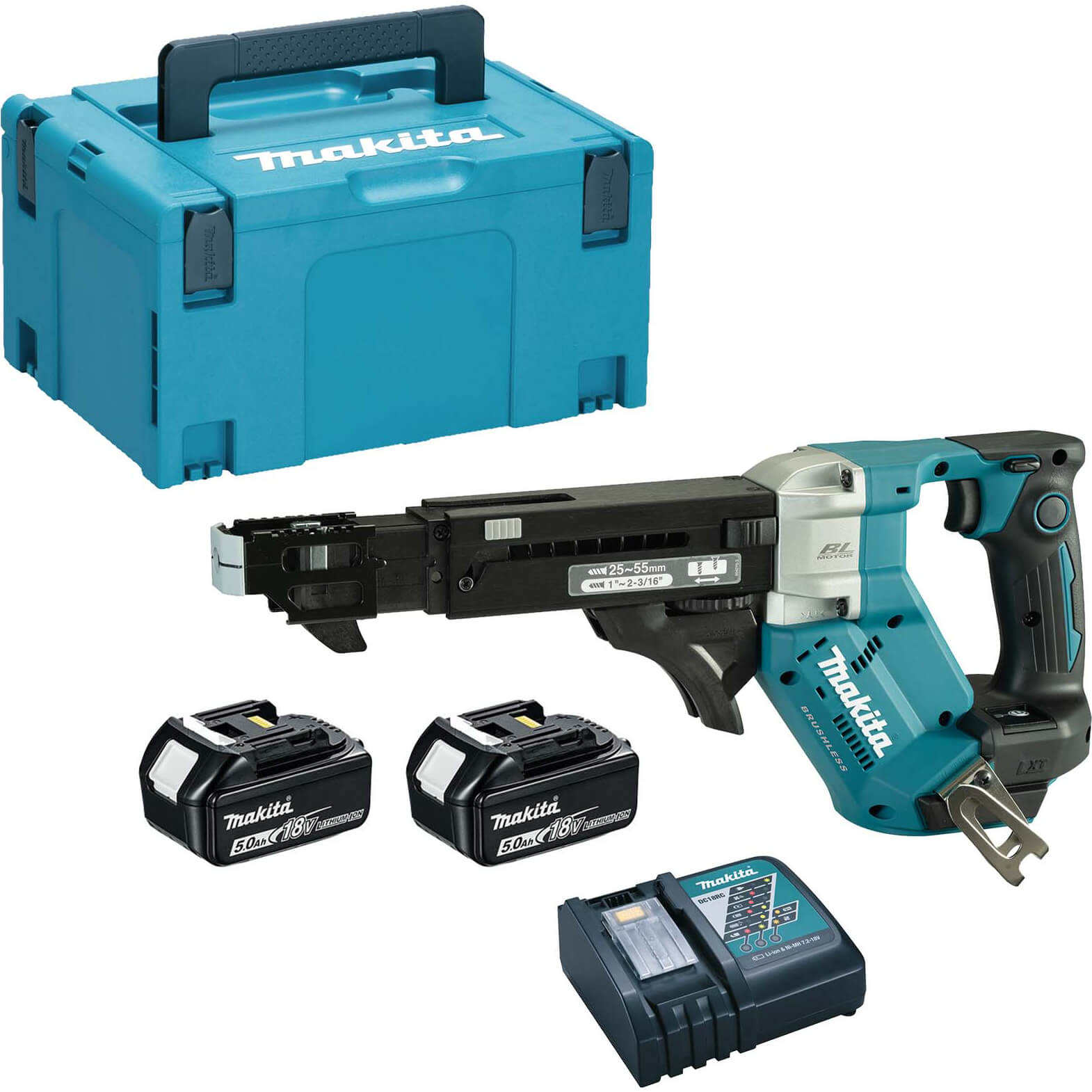 Image of Makita DFR551 18v LXT Cordless Brushless Auto Feed Screwdriver 2 x 5ah Li-ion Charger Case