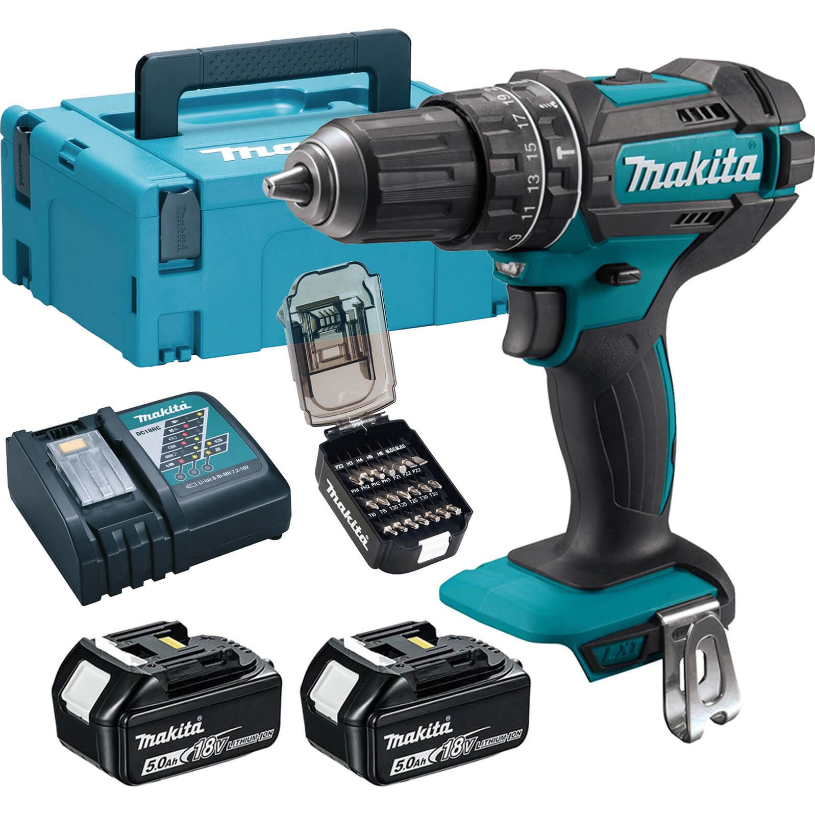Image of Makita DHP482 18v LXT Cordless Combi Drill 2 x 5ah Li-ion Charger Case & 21 Accessories