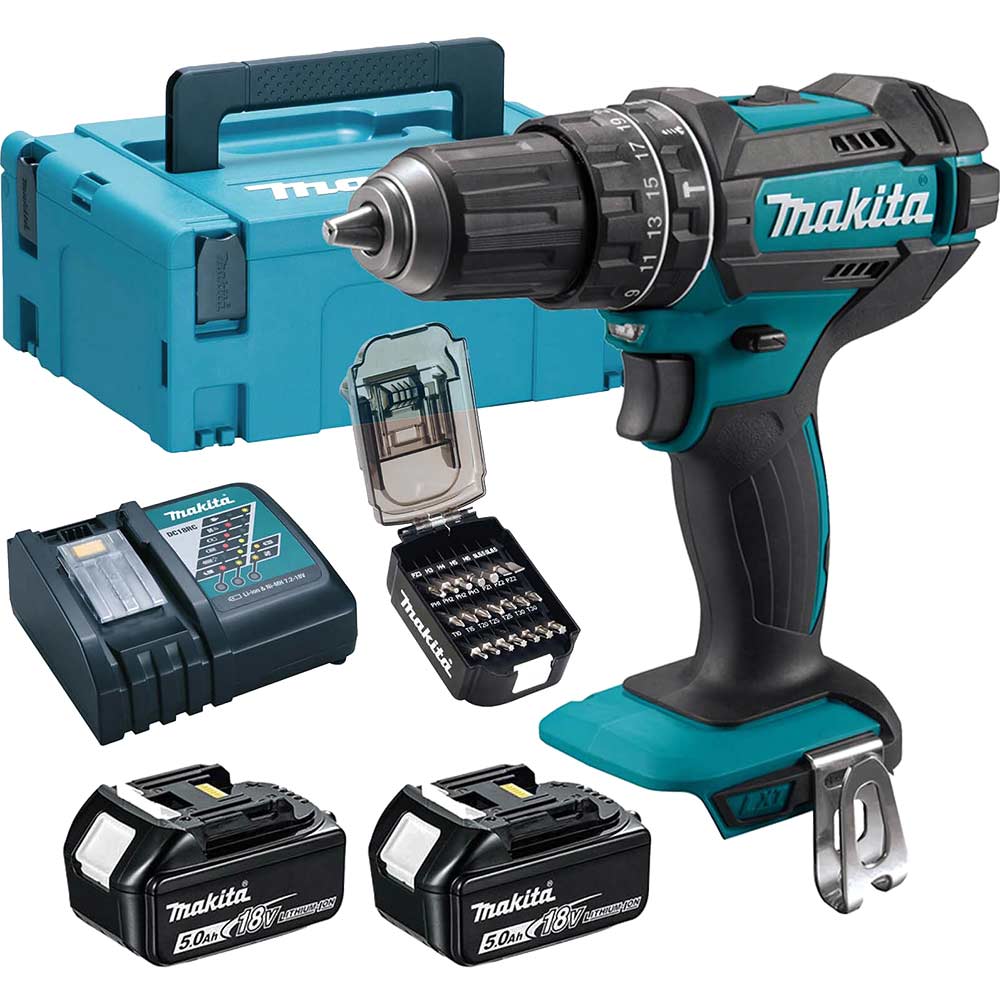 Makita DHP482 18v LXT Cordless Combi Drill 2 x 5ah Li-ion Charger Case & 21 Accessories