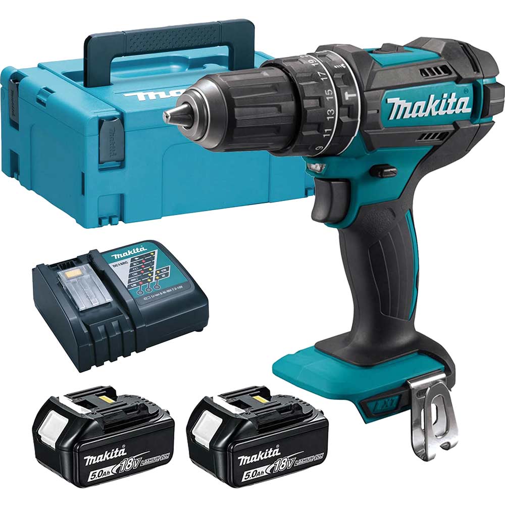 Image of Makita DHP482 18v LXT Cordless Combi Drill 2 x 5ah Li-ion Charger Case