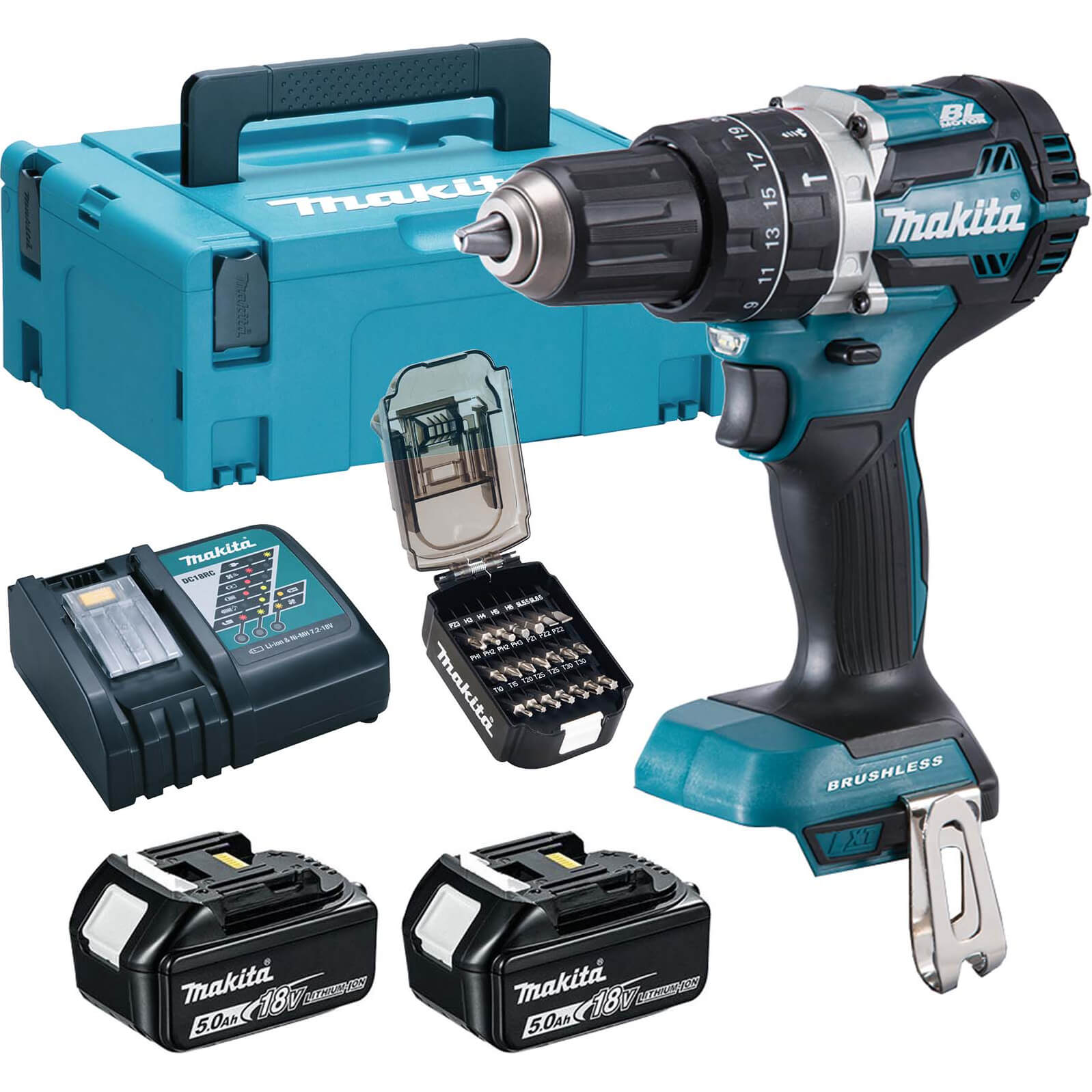 Makita DHP484 18v LXT Cordless Brushless Combi Drill 2 x 5ah Li-ion Charger Case & 21 Accessories