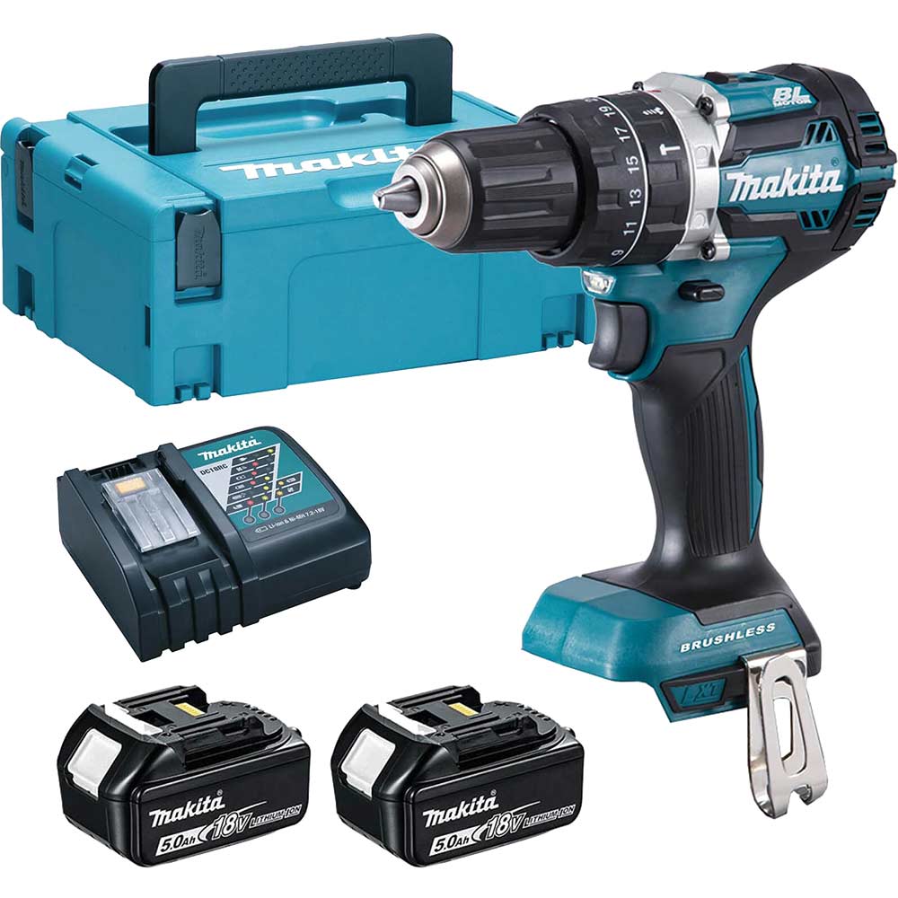 Makita DHP484 18v LXT Cordless Brushless Combi Drill 2 x 5ah Li-ion Battery Charger Case