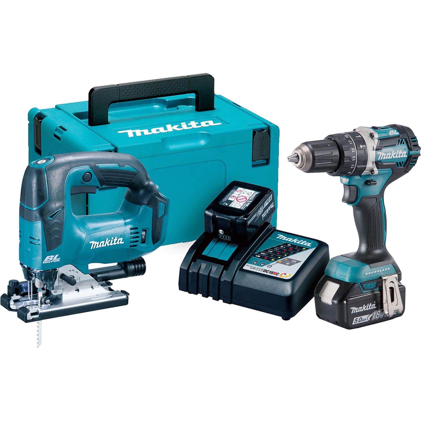 Image of Makita DLX2202TJ1 18v LXT Cordless Brushless Combi Drill and Jigsaw Kit 2 x 5ah Li-ion Charger Case
