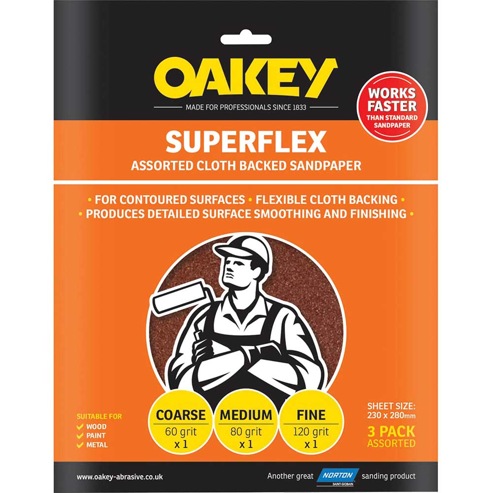 Image of Oakey Superflex Aluminium Oxide Sandpaper Assorted Grit Pack of 3