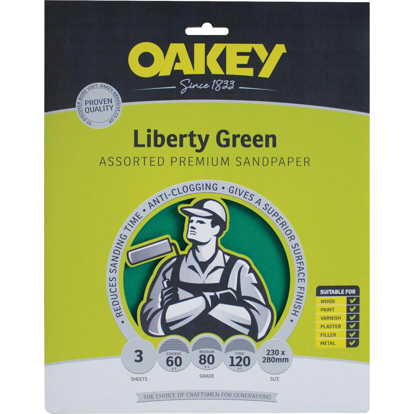 Image of Oakey Green Aluminium Oxide Sandpaper Assorted Grit Pack of 3