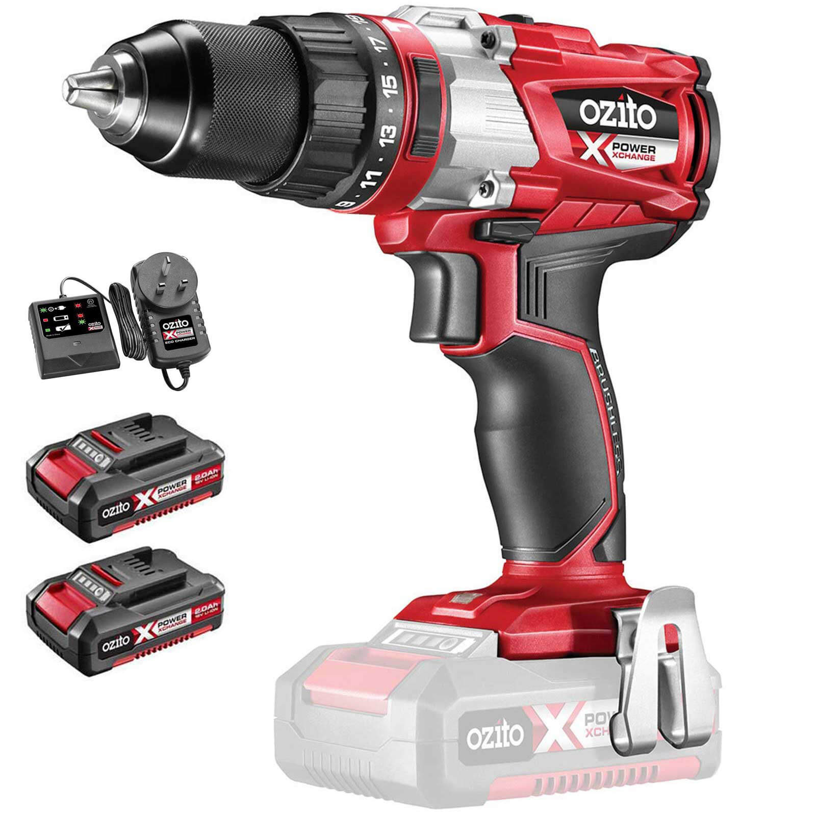 Image of Ozito PXBHS 18v Cordless Brushless Combi Drill 2 x 2ah Li-ion Charger No Case