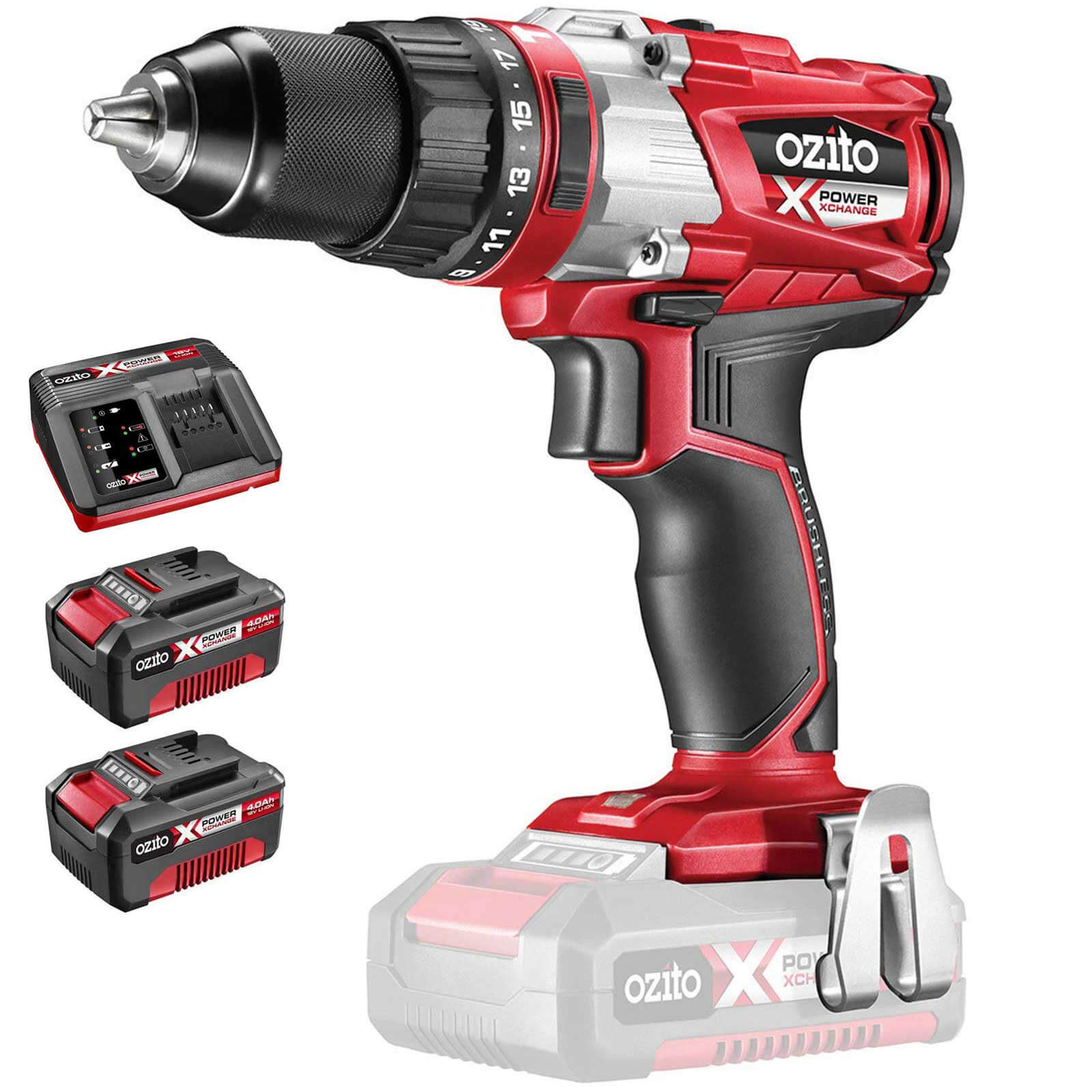Image of Ozito PXBHS 18v Cordless Brushless Combi Drill 2 x 4ah Li-ion Charger No Case