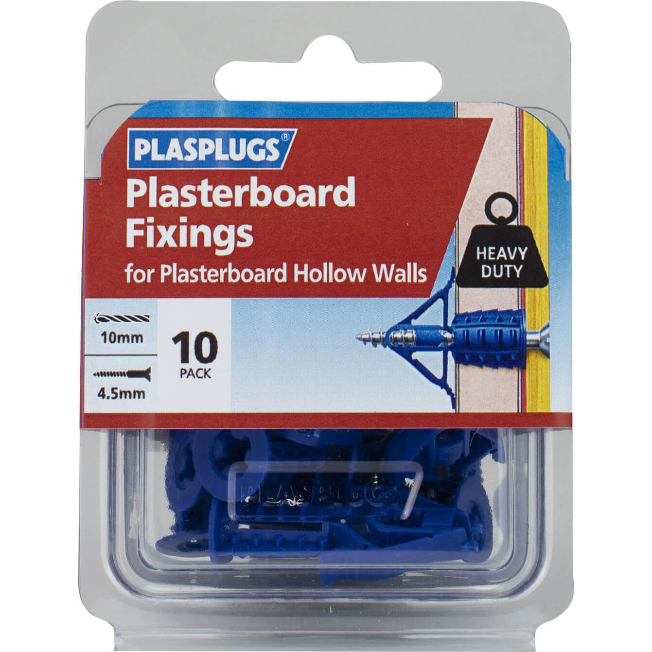 Image of Plasplugs Heavy Duty Plasterboard Hollow Wall Fixings Pack of 10