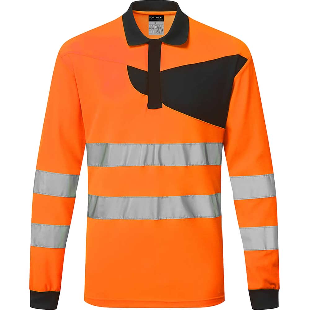 Portwest PW2 Hi Vis Long Sleeve Polo Shirt Orange / Black XL