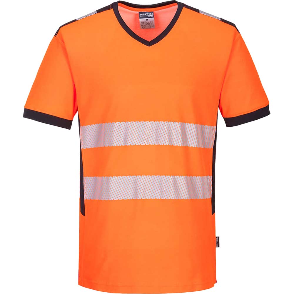 Portwest PW3 Hi Vis V Neck Mesh Insert Short Sleeve T Shirt Orange / Black L