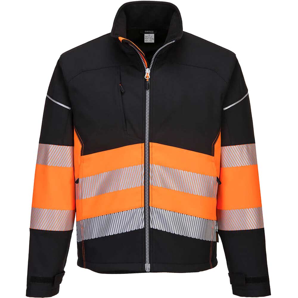 Portwest PW3 Mens Hi Vis Class 1 Softshell Jacket Black / Orange 4XL