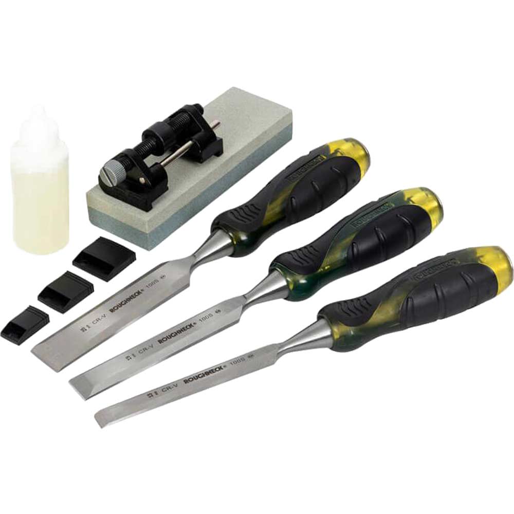 Image of Roughneck 3 Piece Bevel Edge Chisel Set and Sharpening Kit