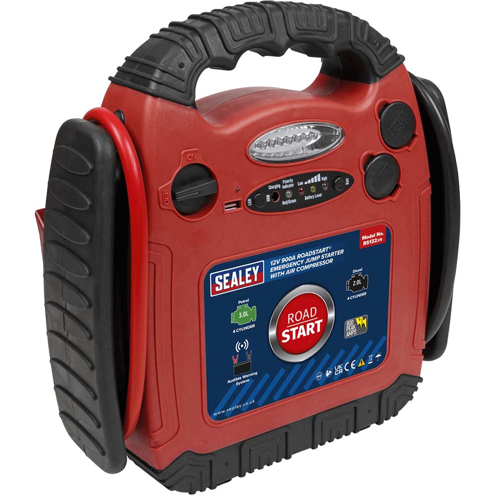 Sealey RS132 RoadStart Emergency Jump Starter, Power Pack and Compressor Pump 12v