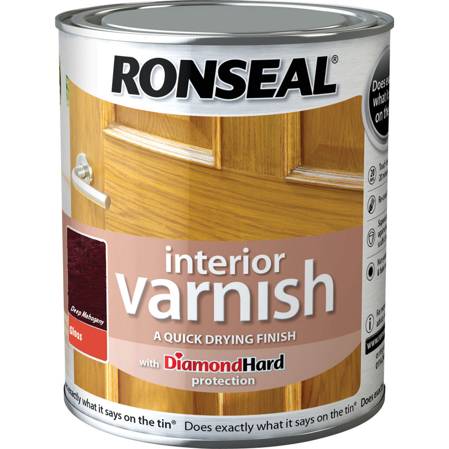 Image of Ronseal Interior Quick Dry Gloss Varnish Deep Mahogany 250ml