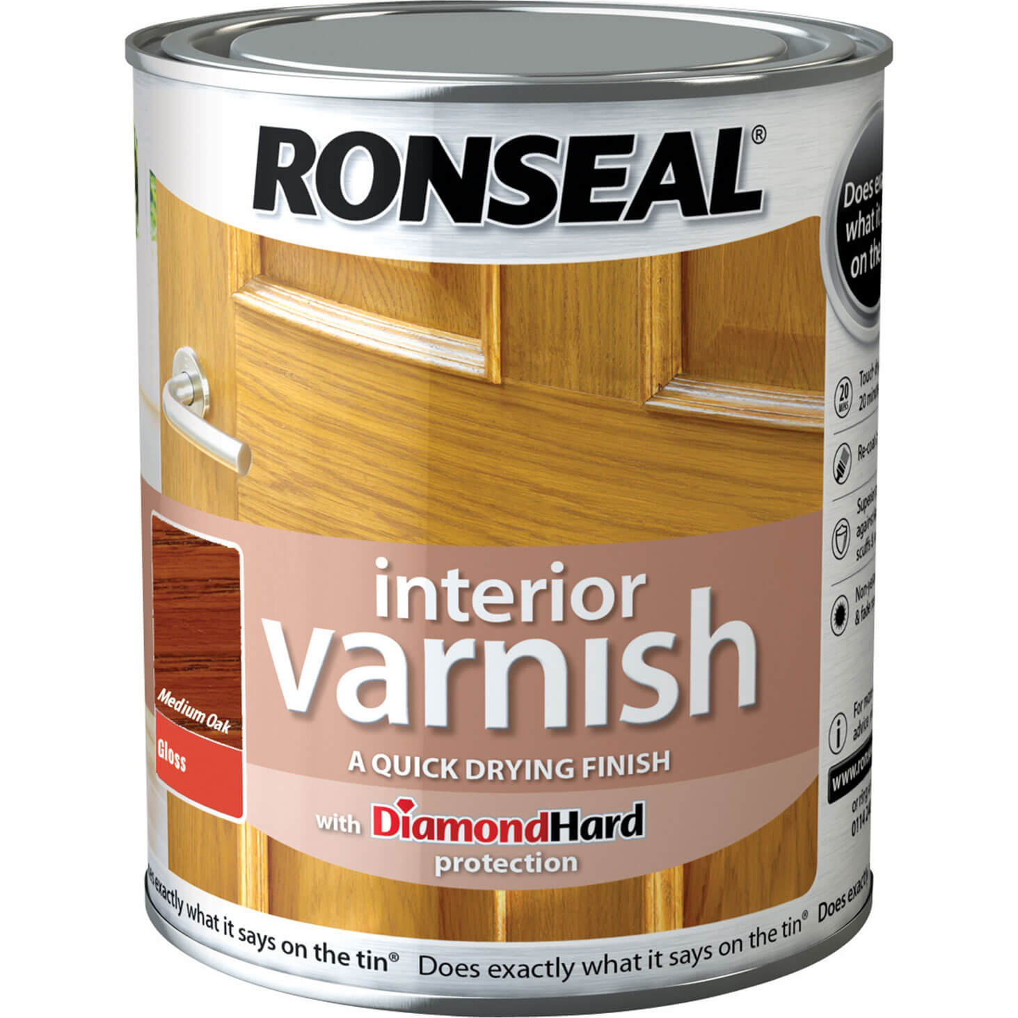 Image of Ronseal Interior Quick Dry Gloss Varnish Medium Oak 250ml