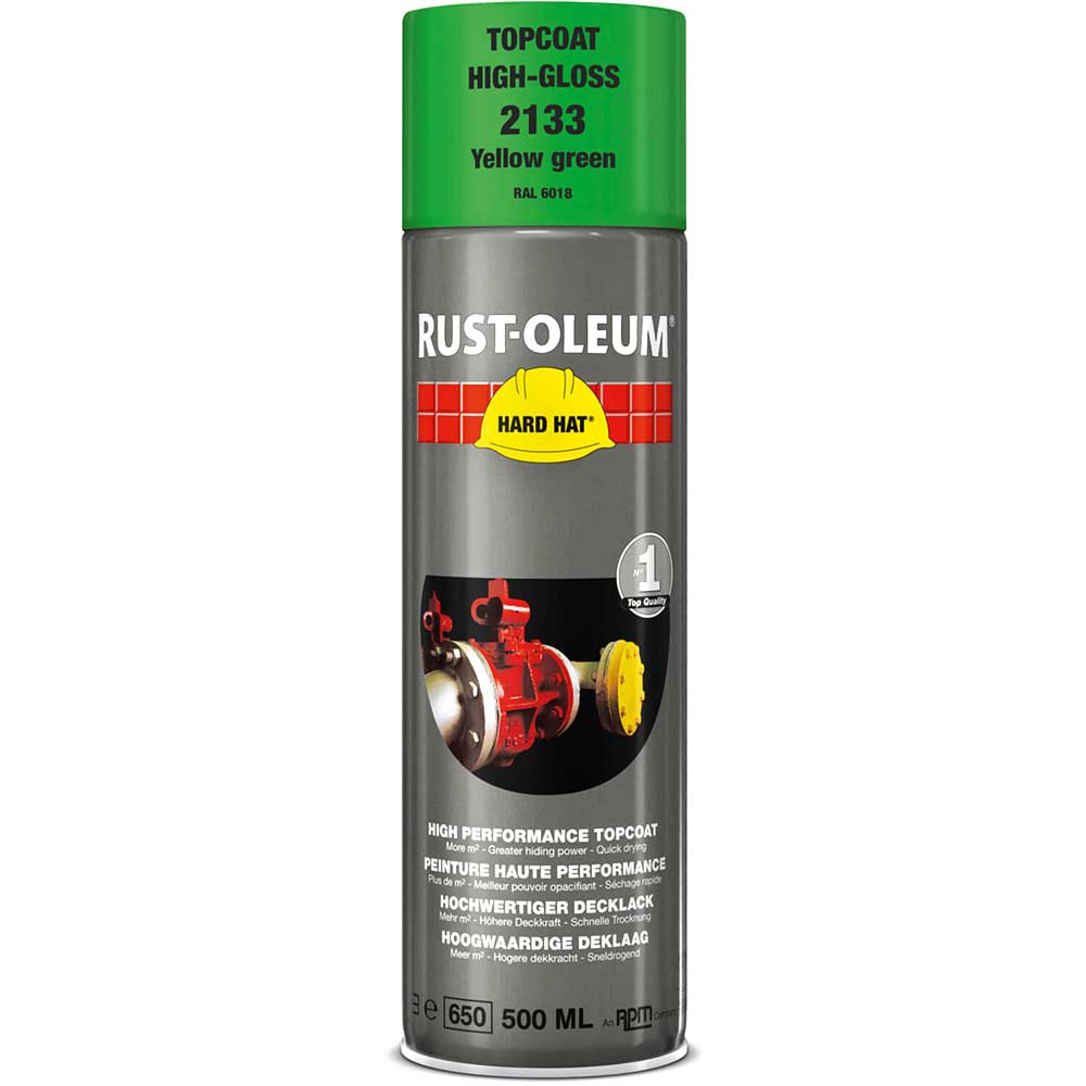 Image of Rust Oleum Hard Hat Metal Spray Paint Yellow Green 500ml