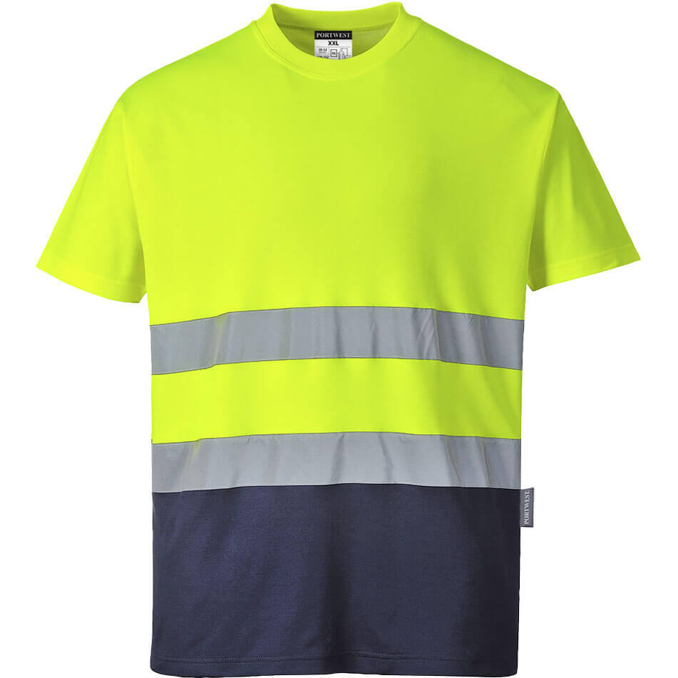 Image of Portwest Hi Vis Cotton Comfort Contrast Short Sleeve T Shirt Yellow / Navy XL