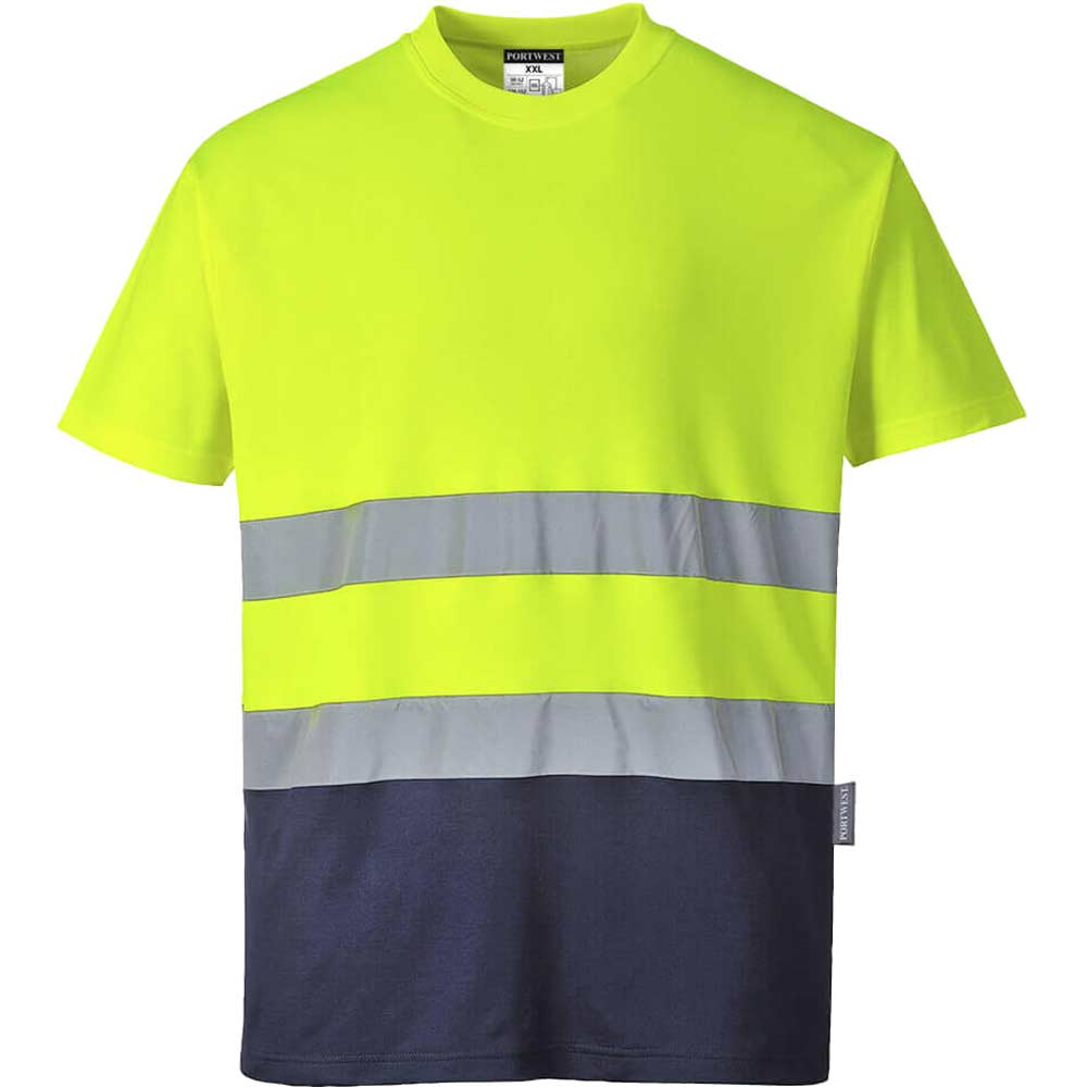 Portwest Hi Vis Cotton Comfort Contrast Short Sleeve T Shirt Yellow / Navy XL