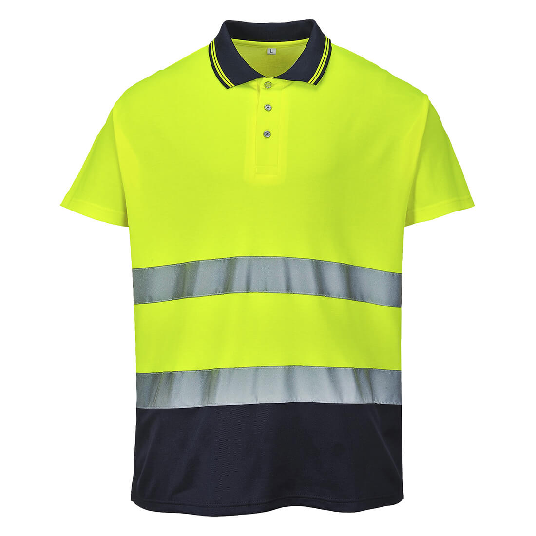 Image of Portwest Mens Hi Vis Cotton Comfort Polo Short Sleeve Shirt Yellow / Navy 3XL