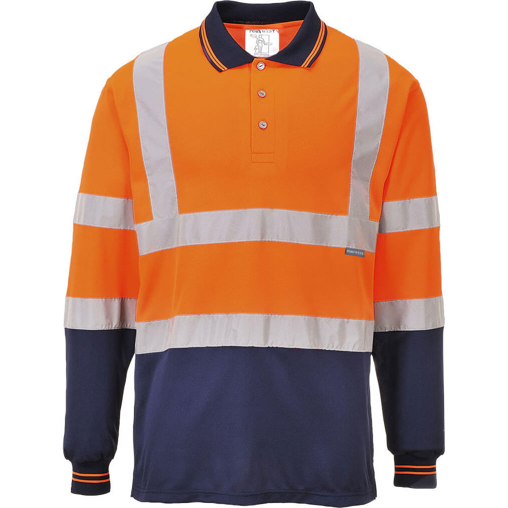 Image of Portwest Mens Hi Vis Contrast Polo Long Sleeve Shirt Orange / Navy 2XL