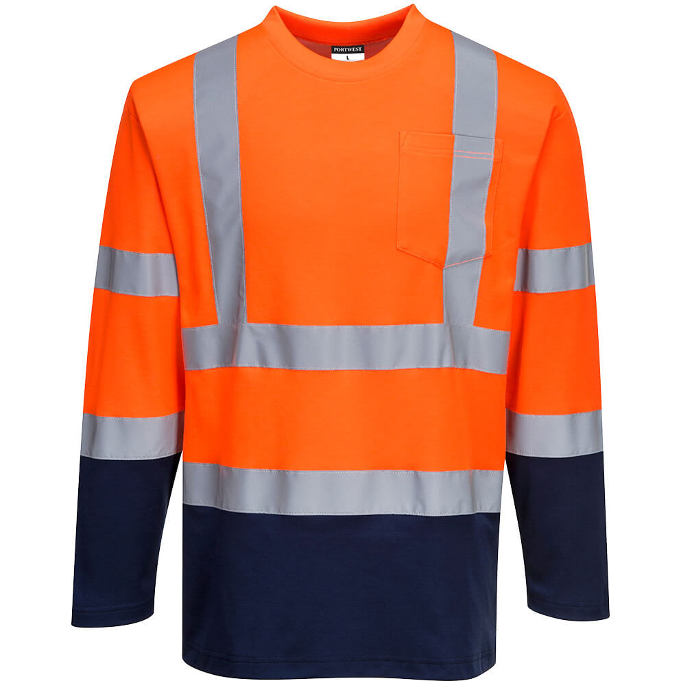 Image of Portwest Hi Vis Cotton Comfort Contrast Long Sleeve T Shirt Orange / Navy L