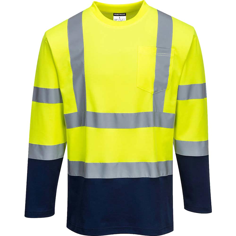 Portwest Hi Vis Cotton Comfort Contrast Long Sleeve T Shirt Yellow / Navy M