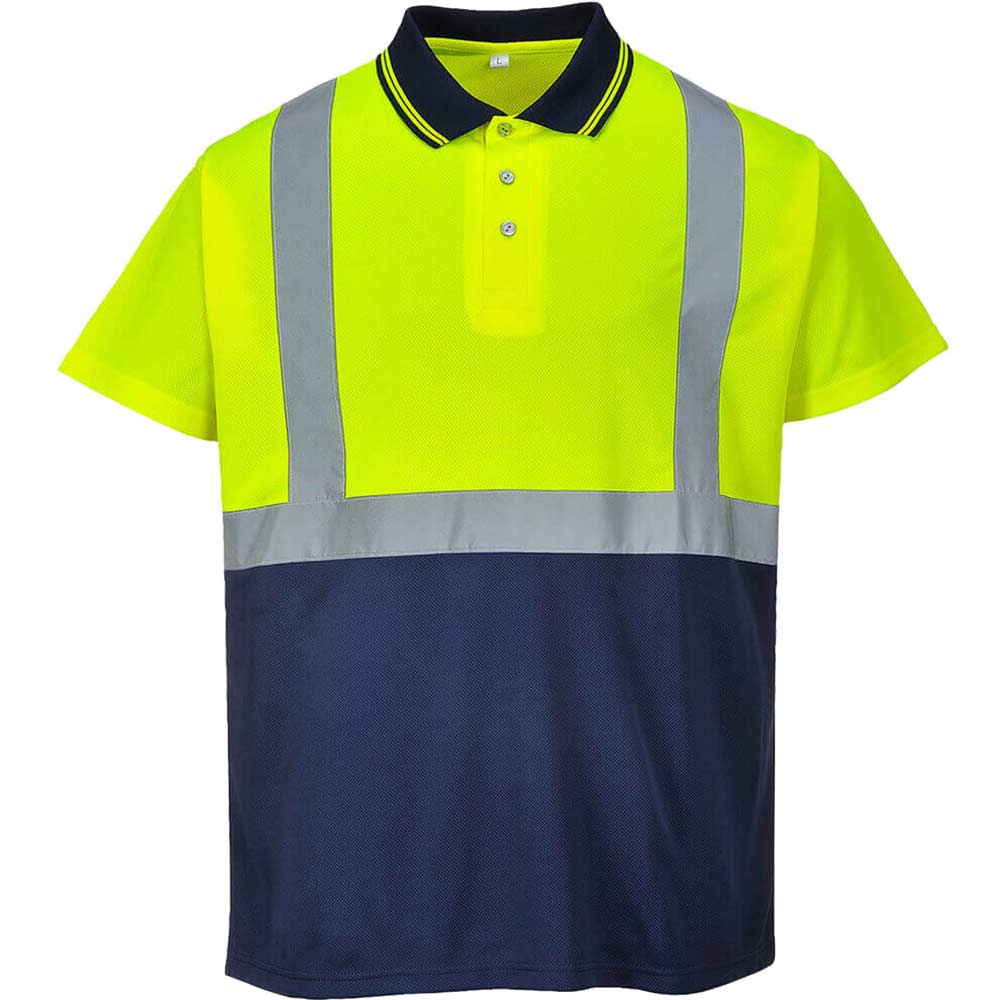 Image of Portwest Mens Hi Vis Contrast Polo Short Sleeve Shirt Yellow / Navy 4XL