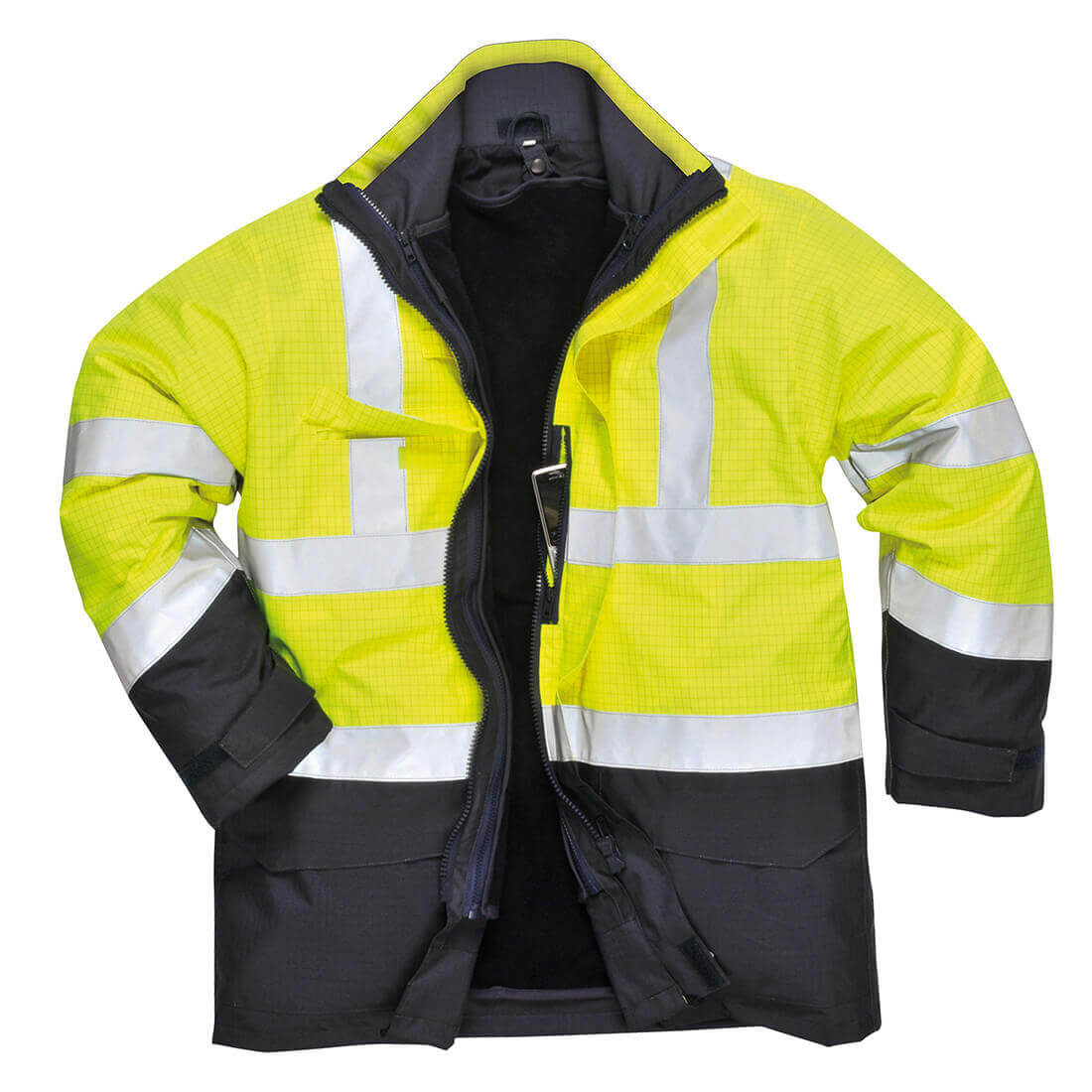Image of Biz Flame Hi Vis Flame Resistant Rain Multi Protection Jacket Yellow / Navy 4XL